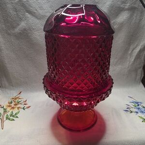 Ruby Red Diamond Point Fairy Lamp, Or A "Glimmer" lamp, produced By Viking Glass